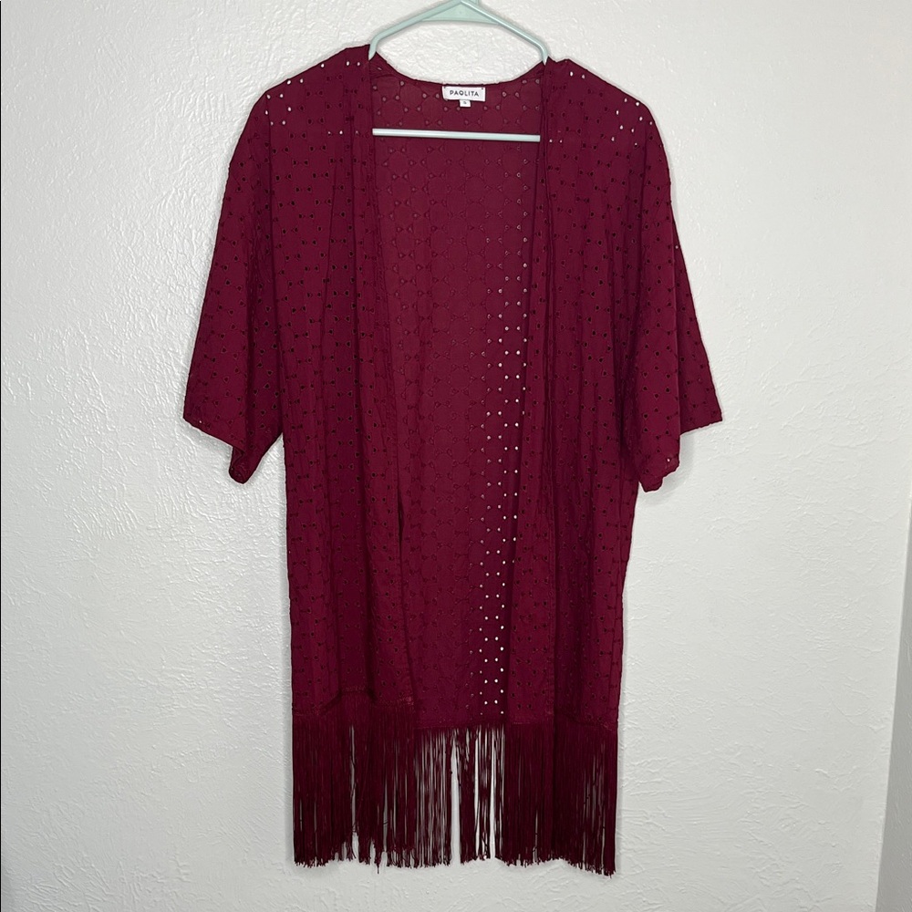 Burgundy Paolita Short-Sleeve Kimono - Fringe Eyelet Boho Swim Coverup - Size S